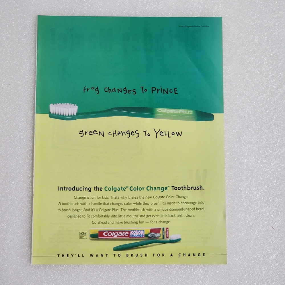 Vintage 1994 Colgate Color Change Toothbrush Print Ad Green Yellow Clipping 8x10